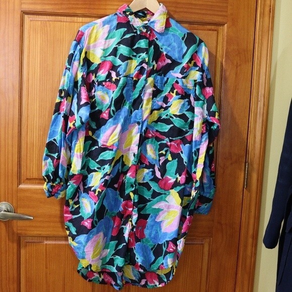 Vintage Beached Crazy Bright Funky Tropical Bold Floral Button Down Shirt LG - Picture 2 of 12